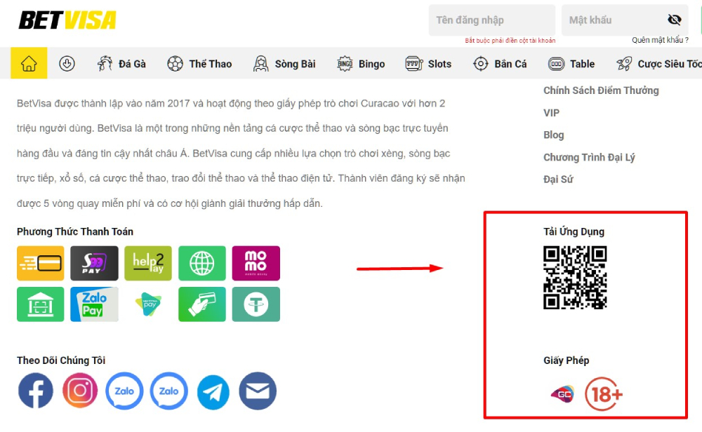 Betvisa Finekeymaker - Nhà cái đá gà online uy tín số #1 VN 35 Mã QR tải app nằm ở cuối giao diện trang chủ